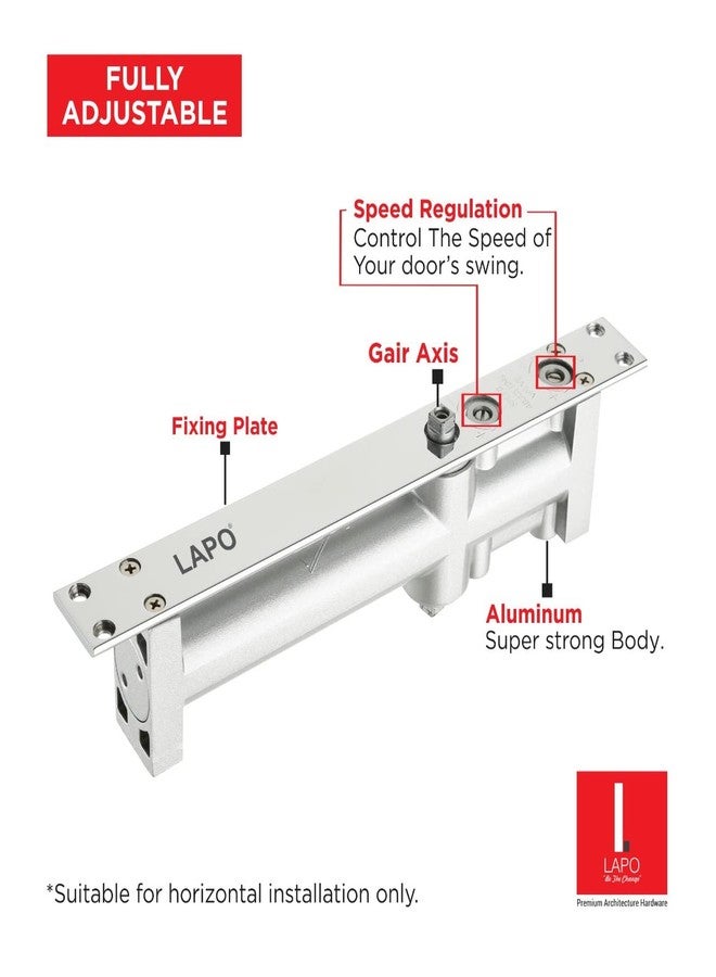 LAPO جهاز إغلاق أبواب لابو بريميوم أوتوماتيكي هيدروليكي مزدوج السرعة من الألومنيوم 32 مم مخفي مع ذراع تثبيت، جهاز إغلاق أبواب خشبي مع مجموعة تركيب لجميع أوزان الأبواب حتى 60 إلى 80 كجم (لون فضي). - Image 3